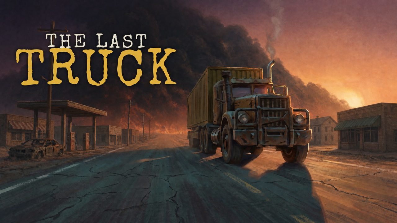 Key art: the truck on an empty road, the Black Wave rising behind a small town, with the logo