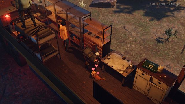 Petting the stray cat in the trailer